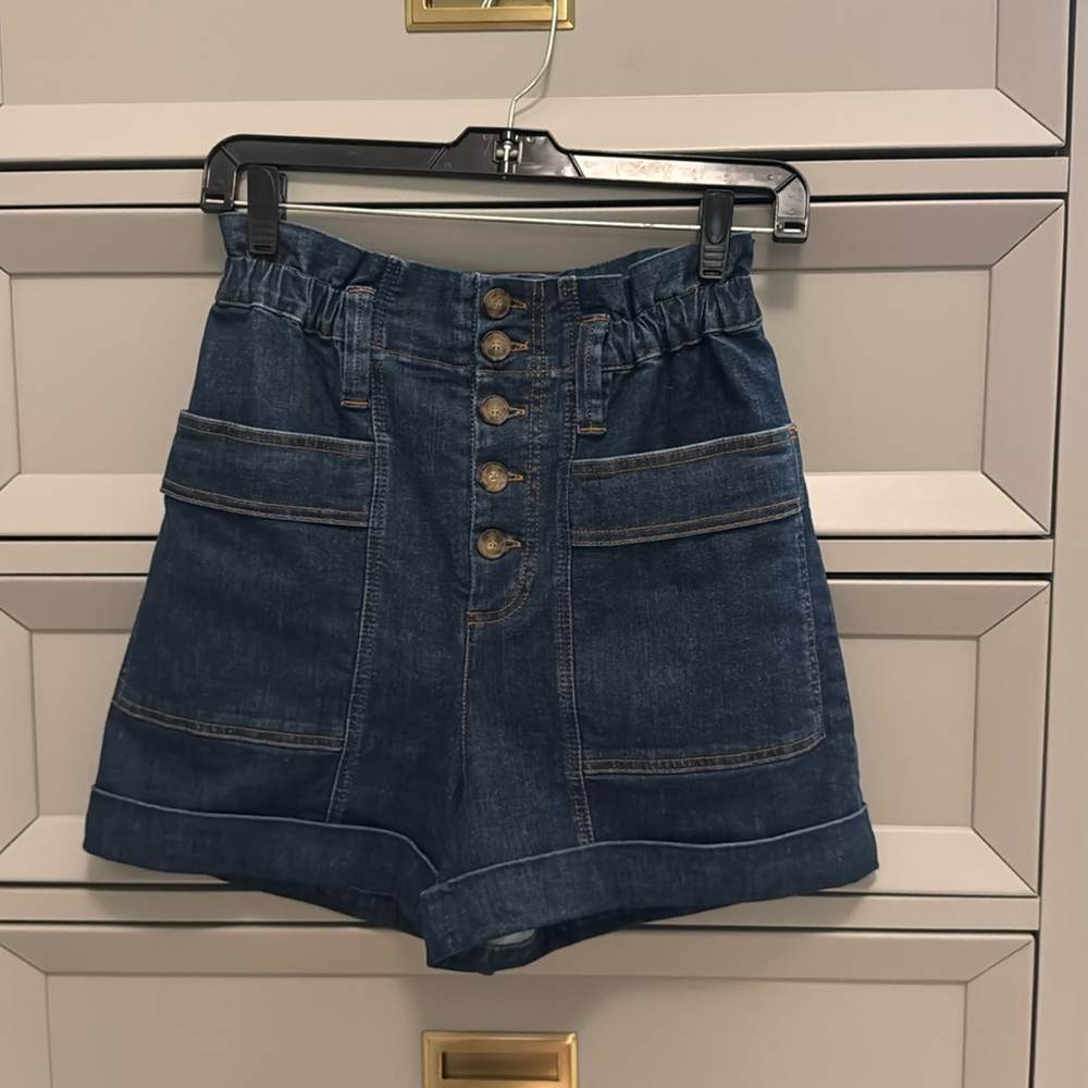 Sezane Dark Blue Denim High-Waist Button Front Shorts
